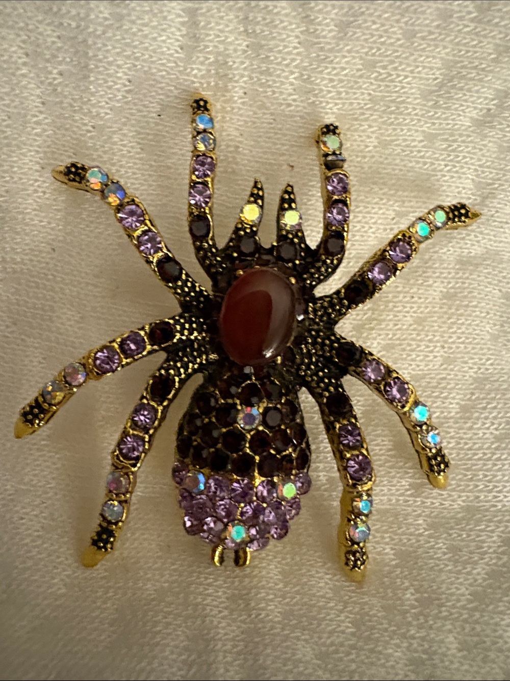Gold-Tone Purple Crystal Spider Brooch